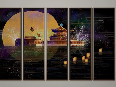 Five Panel Painting Featuring Full Moon Ancient Palace Butterflies Lanterns And Water Reflection 3d model