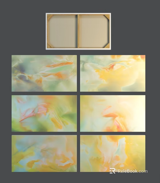 Abstract Oil Paintings With Soft Yellow Orange Green Pink Tones Collection Of Multiple Art Pieces 3d model 