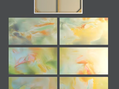 Abstract Oil Paintings With Soft Yellow Orange Green Pink Tones Collection Of Multiple Art Pieces 3d model