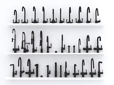 Assorted Faucet Designs Showcased on White Shelves in Display Collection 3d model
