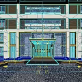 Modern Luxury Building Entrance With Glass Facade Wooden Doorway Water Feature And Lighting