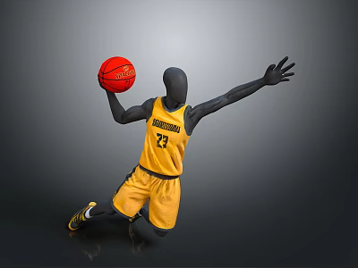 Yellow Basketball Jersey With Number 23 And Red Basketball In Stretching Athletic Pose 3d model