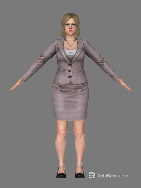 Woman In Gray Professional Suit Skirt Set With Arms Extended Full Body View 3d model 