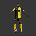 Man In Yellow And Black Football Jersey Standing With Outstretched Arms And Soccer Ball