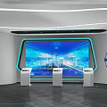 Modern Tech Exhibition Hall Interior With Curved Lines Blue Lighting And Digital Displays