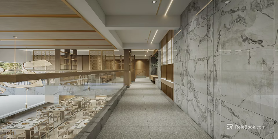 Modern Hotpot Restaurant Interior With Marble Walls Wooden Beams And Spacious Dining Area 3d model 