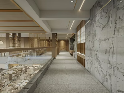 Modern Hotpot Restaurant Interior With Marble Walls Wooden Beams And Spacious Dining Area 3d model