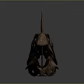 Ancient Dinosaur Skull Fossil With Sharp Teeth And Horn Structure On Dark Background