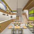 Modern Restaurant Interior With Neat Tables Chairs Hanging Lights And Food Displays On Walls