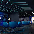 Futuristic Playground Interior With Blue Black Glowing Lines Blue Chairs And Control Consoles