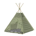 Green Tipi Tent With Wooden Poles Open Doorway And Cushioned Interior