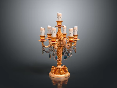 Elegant Ornate Golden Candelabra With Multiple Candles And Crystal Pendants 3d model