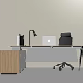 Modern Office Desk Chair Set With Wooden Drawer Cabinet Table Lamp And Laptop