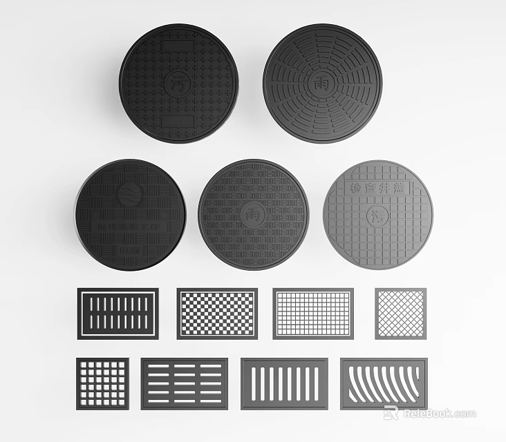 Road Facilities Featuring Circular Drainage Manhole Covers and Various Grates 3d model 