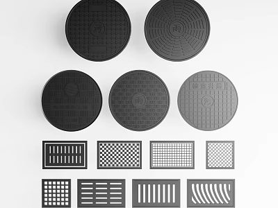 Road Facilities Featuring Circular Drainage Manhole Covers and Various Grates 3d model