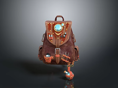 Vintage Brown Backpack With Circular Blue Gemstone Metal Buckles Pendants And Steampunk Design 3d model