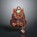 Vintage Brown Backpack With Circular Blue Gemstone Metal Buckles Pendants And Steampunk Design