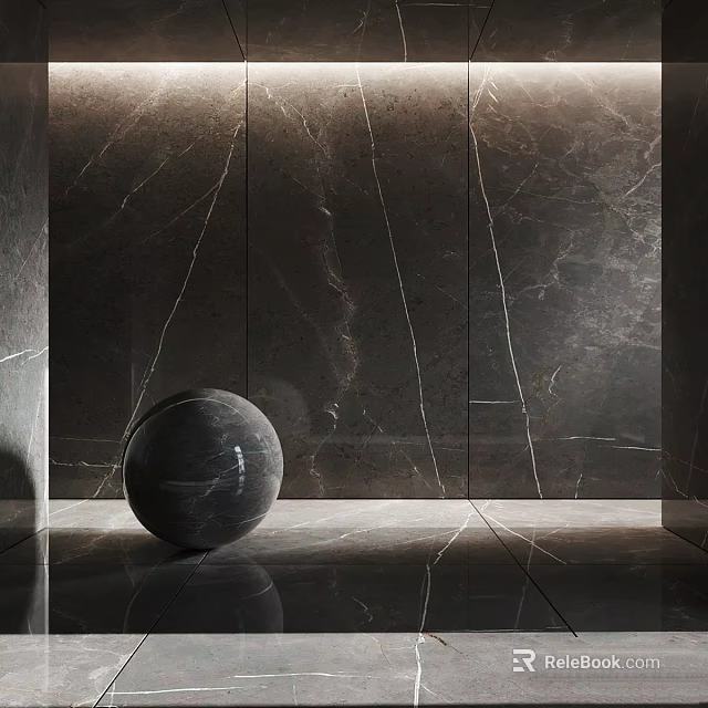 Black Marble Wall With White Veins And Floor Featuring Decorative Sphere And Lighting 3d model 