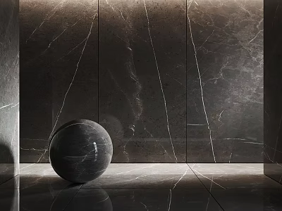 Black Marble Wall With White Veins And Floor Featuring Decorative Sphere And Lighting 3d model
