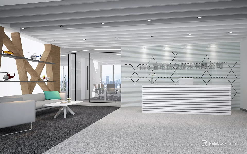 Modern Office Reception Area With Front Desk Geometric Pattern Wall Sofa And Coffee Table 3d model