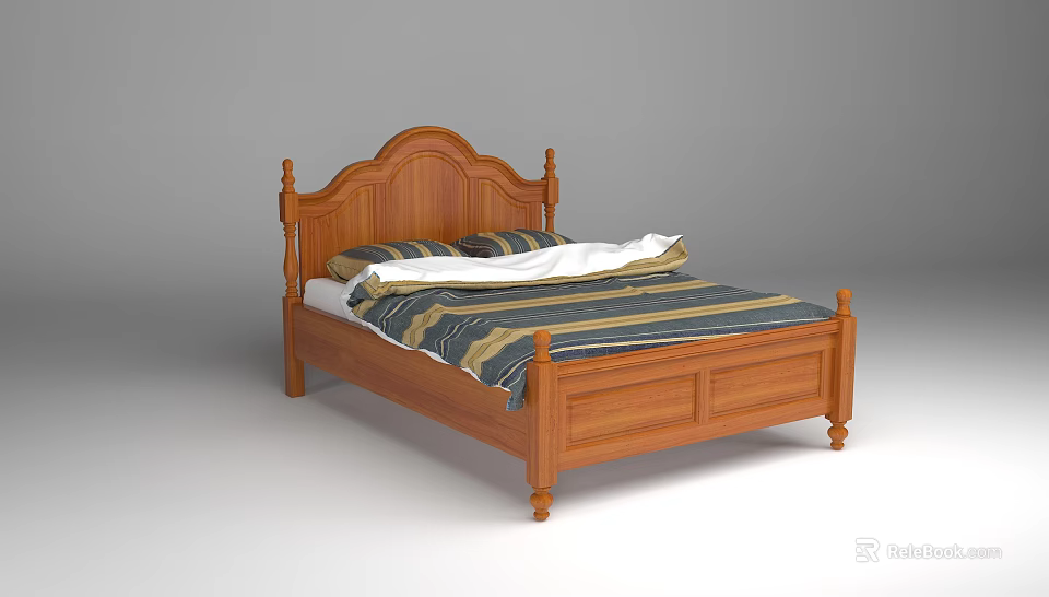 Wooden Double Bed With Carved Headboard Solid Wood Frame And Striped Bedding 3d model