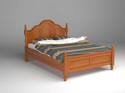 Wooden Double Bed With Carved Headboard Solid Wood Frame And Striped Bedding 3d model