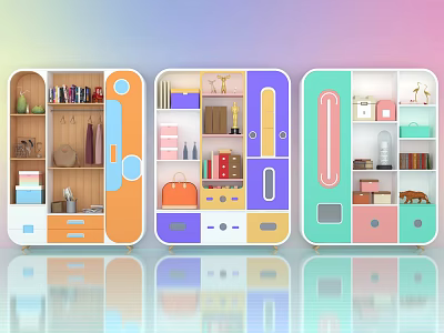 Colorful Modern Bookcases Featuring Open Shelves Storage Drawers and Decorative Items 3d model