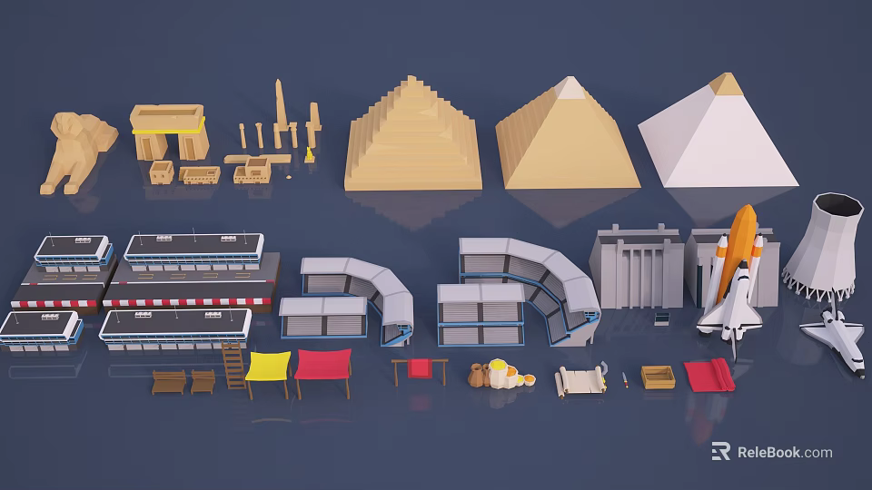 Diverse Architectural Models Collection With Pyramids Modern Buildings Space Shuttle And Furniture 3d model 