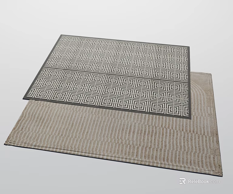 Two Square Rugs With Black White Geometric Pattern And Beige Striped Design 3d model 