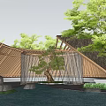 Wooden Pergola Design with Sloped Roof Surrounding Pine Tree and Stone Water Feature