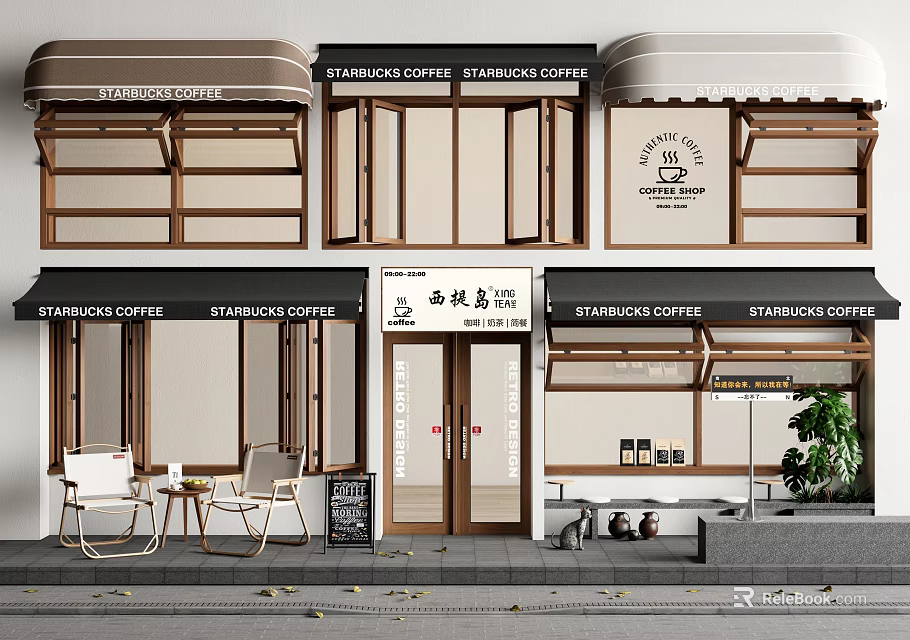 Storefront with Starbucks Coffee Signs Wooden Frames Awnings and Outdoor Seating 3d model 