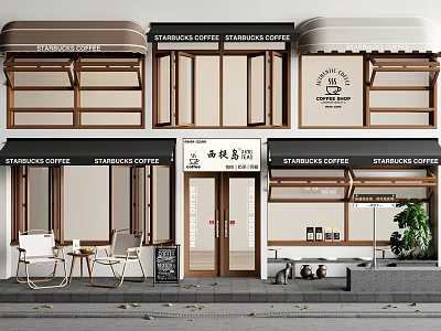 Storefront with Starbucks Coffee Signs Wooden Frames Awnings and Outdoor Seating 3d model