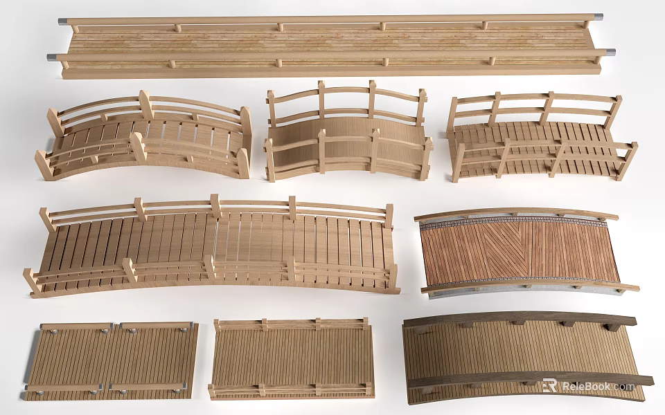Various Landscape Bridge Models With Wooden Railings And Different Designs 3d model 
