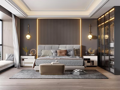 Modern Bedroom Interior Design With Gray Headboard Wall LED Strip Lights Multiple Pillows And Ottoman 3d model