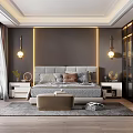 Modern Bedroom Interior Design With Gray Headboard Wall LED Strip Lights Multiple Pillows And Ottoman