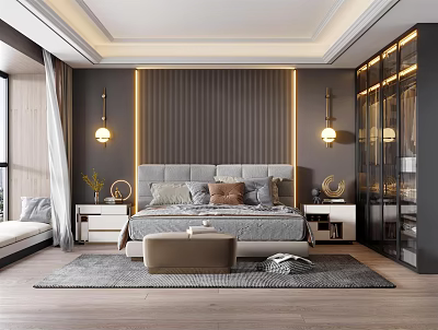 Modern Bedroom Interior Design With Gray Headboard Wall LED Strip Lights Multiple Pillows And Ottoman 3d model