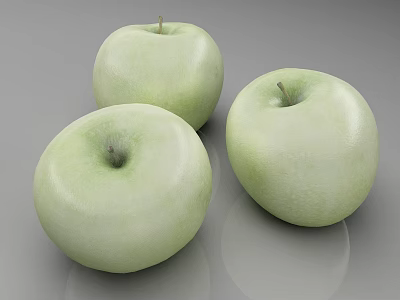 Three Fresh Green Apples on Gray Background as Healthy Fruit 3d model