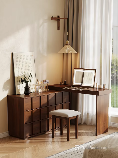 Mid Century Solid Wood Vanity Table With LED Makeup Mirror Storage Drawers And Cushioned Stool 3d model 