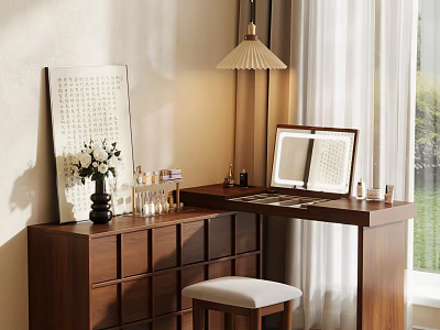 Mid Century Solid Wood Vanity Table With LED Makeup Mirror Storage Drawers And Cushioned Stool 3d model