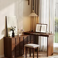 Mid Century Solid Wood Vanity Table With LED Makeup Mirror Storage Drawers And Cushioned Stool