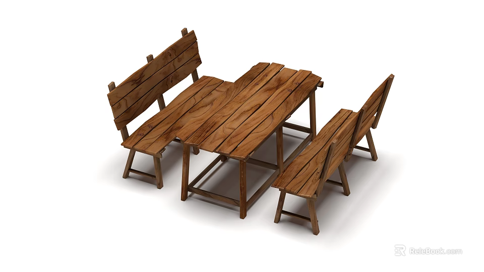Sturdy Natural Wooden Outdoor Table With Two Benches For Garden Seating 3d model 