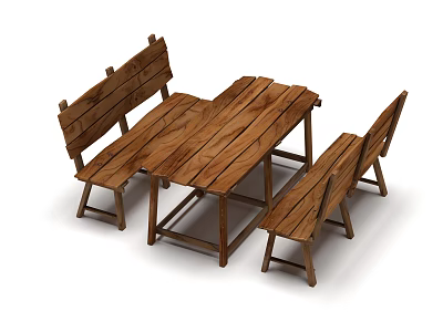 Sturdy Natural Wooden Outdoor Table With Two Benches For Garden Seating 3d model