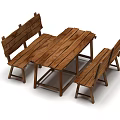 Sturdy Natural Wooden Outdoor Table With Two Benches For Garden Seating