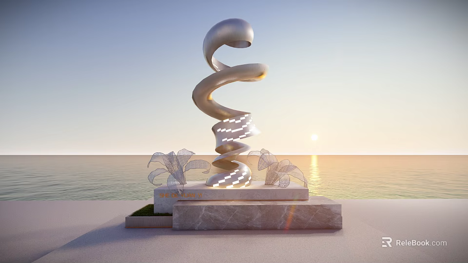 Spiral Metallic Sculpture with Marble Base by Ocean View at Sunset 3d model