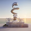 Spiral Metallic Sculpture with Marble Base by Ocean View at Sunset