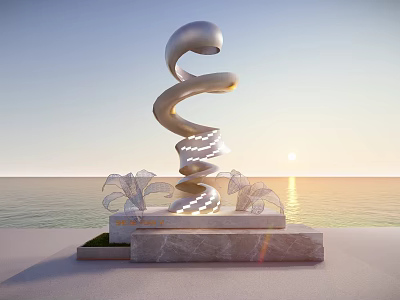 Spiral Metallic Sculpture with Marble Base by Ocean View at Sunset 3d model