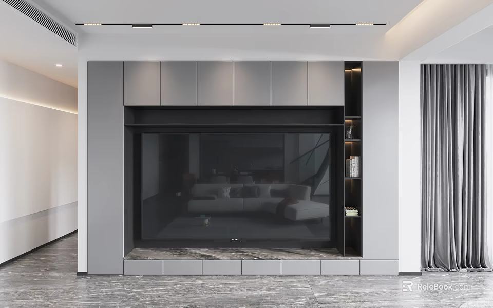 Modern TV Wall Design With Gray Panels Embedded TV And Black Accents 3d model 