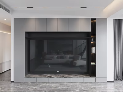 Modern TV Wall Design With Gray Panels Embedded TV And Black Accents 3d model