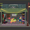 Vintage Motorcycle Shop Building With Green Awning Brick Wall And Street Lamp