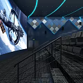 Cinema Interior Design With Stadium Seats Blue Lighting Diamond Pattern Walls Metal Railings Dark Carpet
